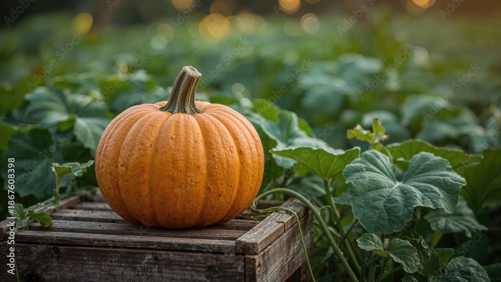 Obraz premium Pumpkin resting on a wooden surface amidst green leaves in a pumpkin patch during fall season.
