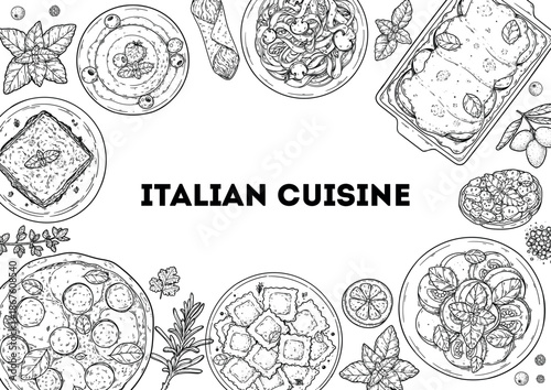 Italian cuisine top view frame. Italian food. Vector drawing illustration. Set of sketches of Italian dishes. Food menu design template. Not AI generated.