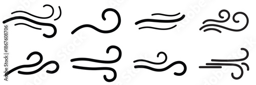Wind Motion Line Icon Set – Hand Drawn Airflow, Breeze and Swirl Linear Vector Elements