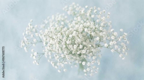 Delicate White Baby's Breath Flowers Bouquet on Soft Light Blue Background, Ethereal Floral Macro