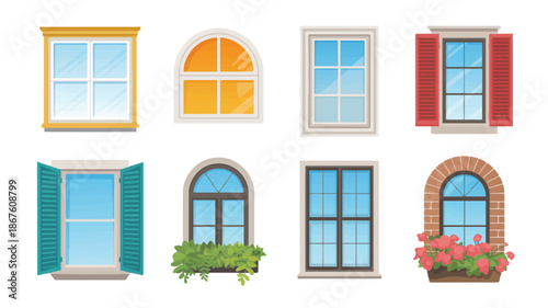 collection of colorful windows with various designs and shutters
