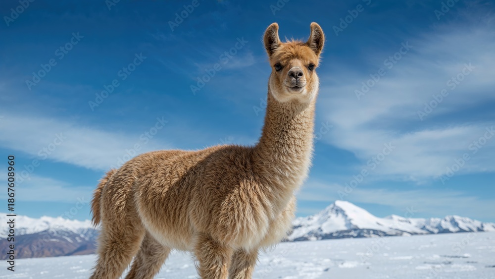 Obraz premium Llama standing in snow with mountain range in the background. Snowy landscape and mountain environment. Nature and wildlife scene. The concept of wild animals in cold climates.