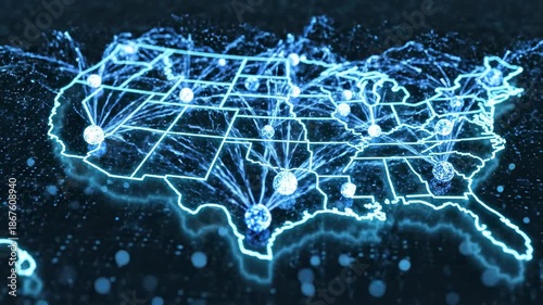 Wallpaper Mural Abstract motion graphic loop featuring neon blue energy lines pulsing and connecting simulated metropolitan centers across the illuminated outline of the national map clean, high, information Torontodigital.ca