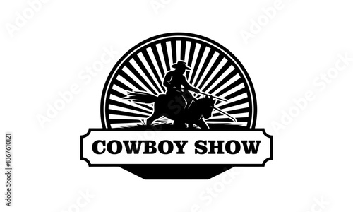 Dynamic Cowboy Show Logo with Rider on Horseback Silhouette.