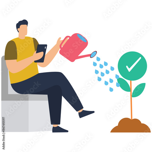 Flat vector style illustration of remote worker watering checklist plants growing from digital tablet to represent productivity growth and task nurturing in online workspace stock illustration