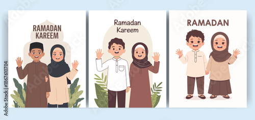Three pairs of people celebrating Ramadan with greetings and traditional clothing