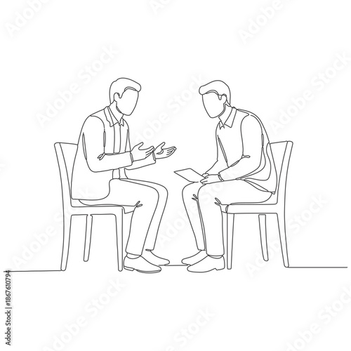  A continuous line drawing illustration of two businessmen seated and engaged in discussion.