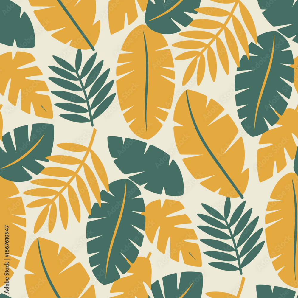 Fototapeta premium Seamless green leaf pattern vector background with natural foliage design