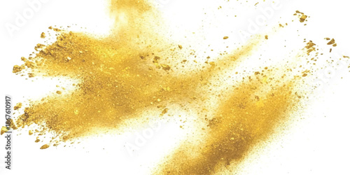 A dynamic burst of shimmering gold powder creating an abstract shape on a clean white background