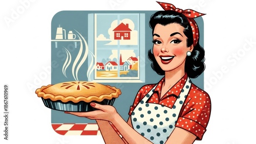 Woman holds hot steaming pie in a retro kitchen setting, depicting a homemaker or baker character in a 1950s pop art style.