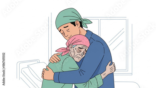 Doctor comforting patient with hug in hospital room with green and blue scrubs