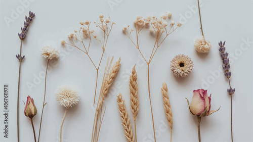 Dried flowers and wheat on white background