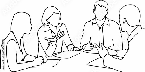 A simple line drawing depicting a group of people in a meeting