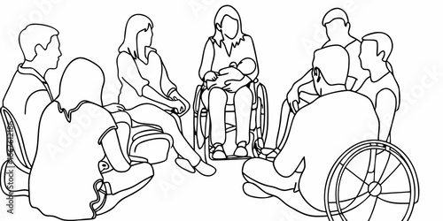 A diverse group of people sitting in a circle including wheelchair users