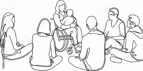 A group of people sitting in a circle outlined in a single line drawing