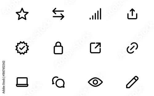 Minimalist UI icon set. account, verified badge, favorite, star, swap, upload, share, lock, security, export, attach, link, eye, view, laptop,edit, pen, chat, speech bubble, icon. for apps and website
