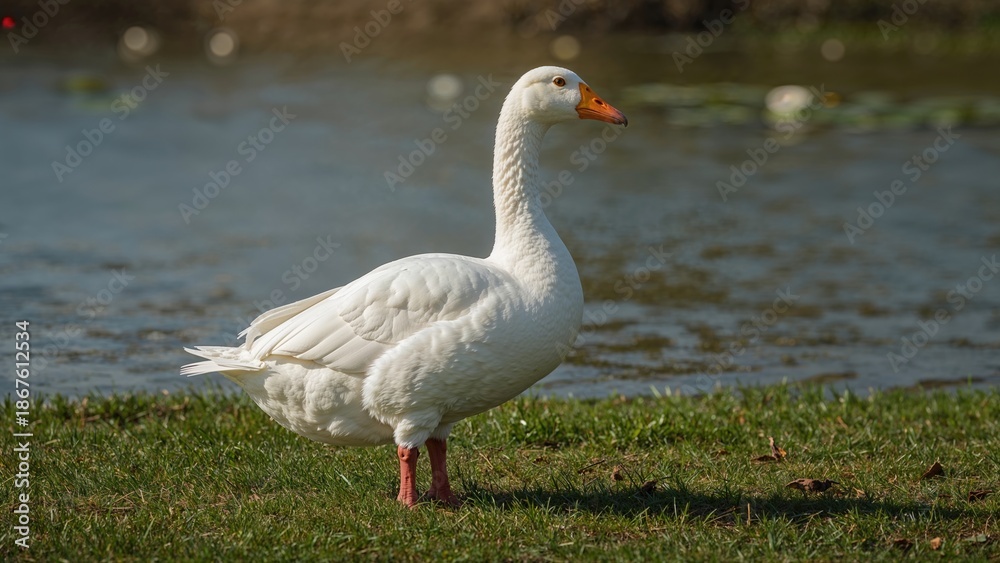 Fototapeta premium A goose standing on grass near water.