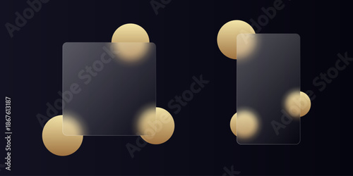 glassmorphism background banner with transparent glass frame template . Realistic Frosted glass morphism effect with blurred abstract gradient gold yellow circle shapes. Vector illustration	