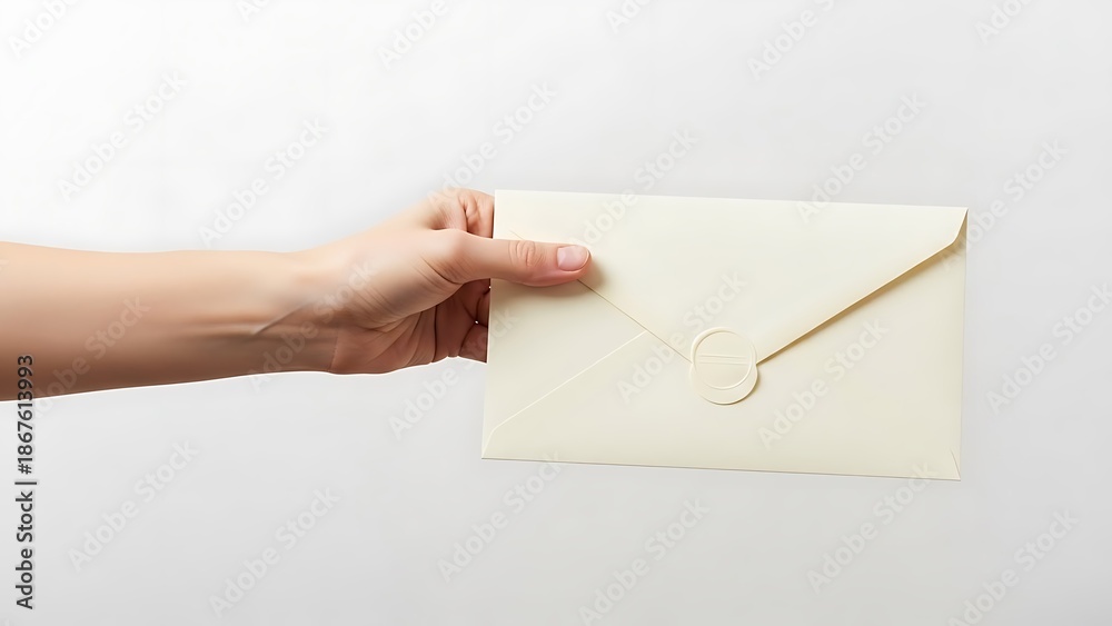 Fototapeta premium Hand extending a premium cream colored invitation envelope sealed elegantly with a modern minimalist wax seal against a bright white background
