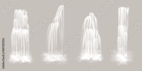 Realistic cascading waterfall streams with splashing water on transparent background