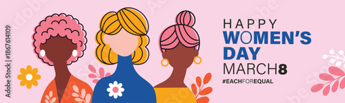 Set of International Women's Day poster, greeting card, invitation card, cover, sale promotion, pattern background with diverse women portraits, March 8 headline and typography design.