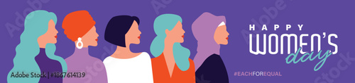 Set of International Women's Day poster, greeting card, invitation card, cover, sale promotion, pattern background with diverse women faces in row, purple banner and typography design.
