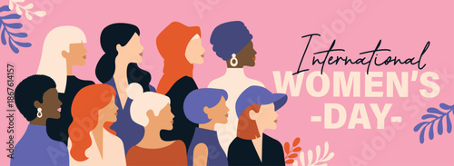 Set of International Women's Day poster, greeting card, invitation card, cover, sale promotion, pattern background with many women portraits, floral accents and modern typography design.