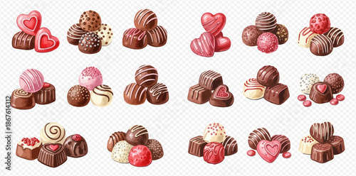 Collection of various delicious chocolate candies and truffles, perfect for sweet treats and desserts.