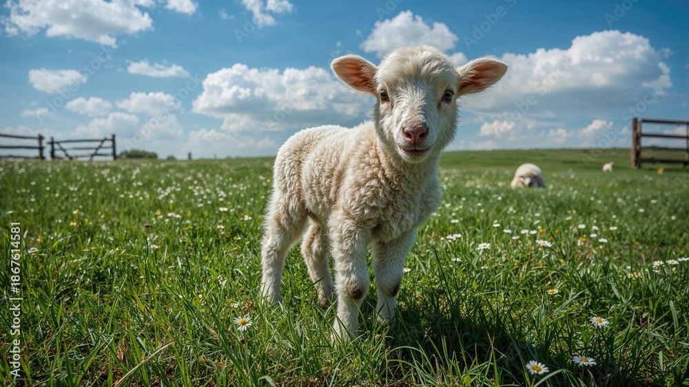 Fototapeta premium Young lamb on green pasture with wildflowers under blue sky and clouds, rural farm scene.