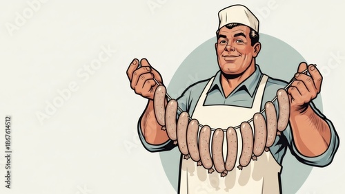 Smiling man butcher holding string of fresh sausage. Traditional meat craft and food preparation for restaurant or market.