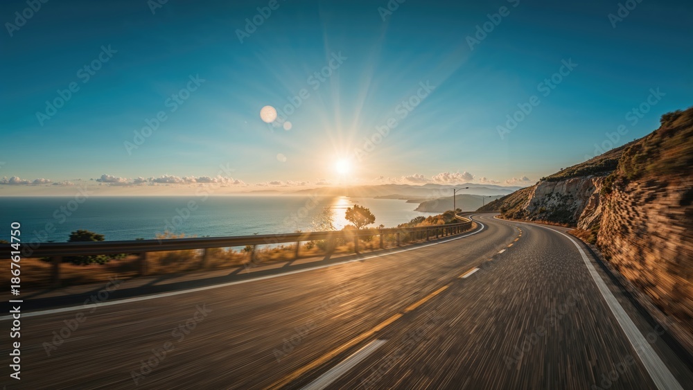 Fototapeta premium A scenic highway view with the sun rising over the ocean and a curving road along the cliffs. Nature and travel scene. The concept of road trip and scenic drives.