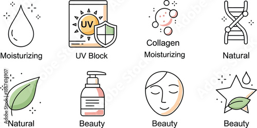 Collection of flat icons representing skincare benefits like moisturizing, UV protection, and natural ingredients for beauty.