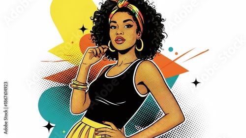 Woman with curly hair in a retro pop art style. Black african american woman in a colorful headband. Vibrant illustration for graphic design.