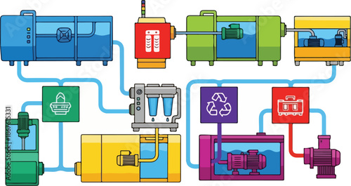 Detailed Diagram of a Complex Industrial Water Treatment and Recycling System.