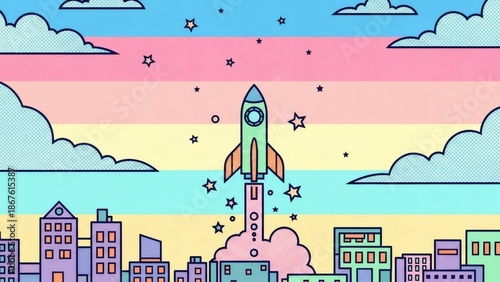 Rocket launch over city skyline with clouds and stars. Startup, business growth and innovation concept for success presentation.