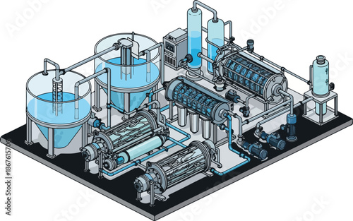 Isometric illustration of a complex industrial water purification and filtration system with multiple tanks and machinery.