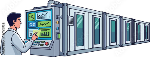 Man operating an industrial control panel with data visualization for a long production line.
