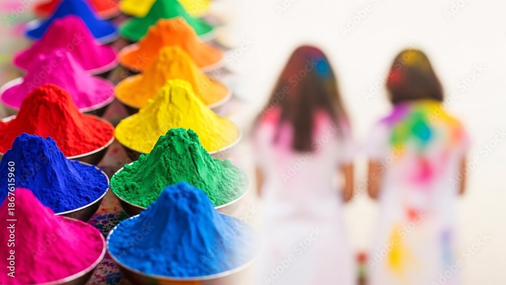 Obraz premium Colorful holi powder piles with women in background