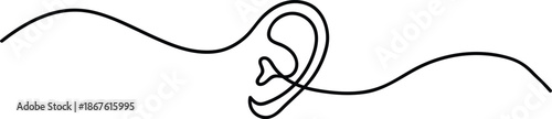 Continuous one line drawing of a human ear icon. Minimalist medical symbol for hearing and audiology. Simple black line art on white background.