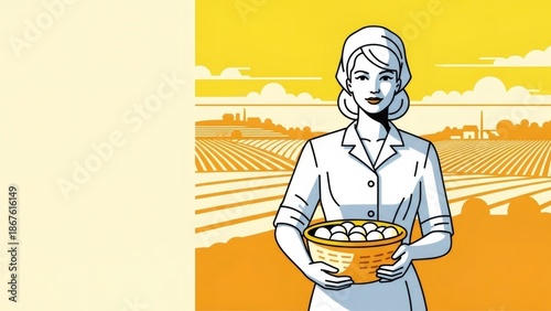 Woman holding a basket of fresh eggs with a farmed land and village background, representing agriculture and rural living.