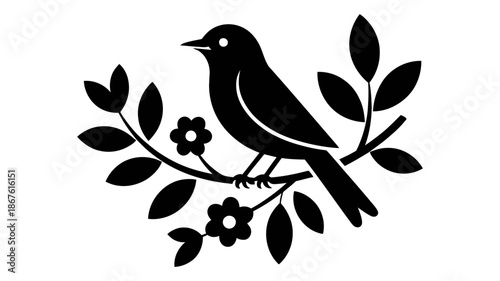 Black silhouette of a small bird perched elegantly on a blooming branch with leaves and flowers