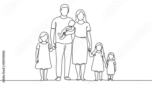 A loving family of five depicted in minimalist continuous line art style, showcasing togetherness
