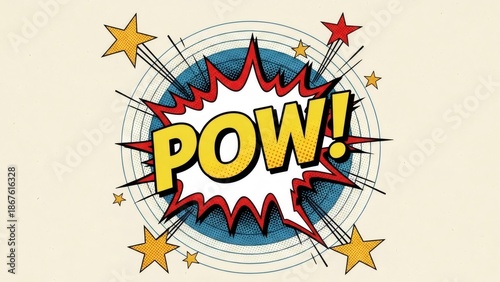 Pop art comic book speech bubble with text pow! Comic sound effect sticker. Fun retro cartoon explosion background for game advertisement.
