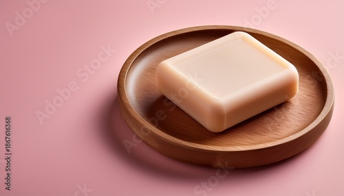 Natural Beige Soap Bar On Wooden Dish Over Pink Background