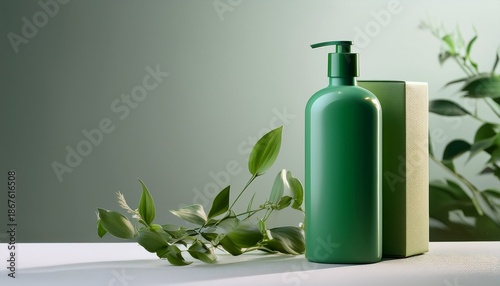 Green Shampoo Bottle With Botanical Box On Neutral Background