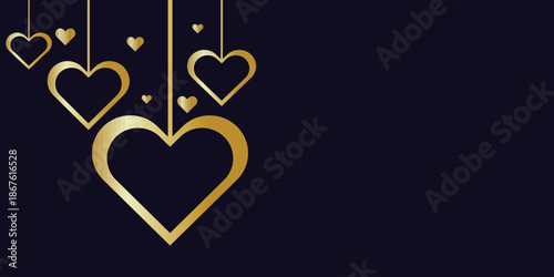 Golden hanging hearts decoration on dark blue background, romantic valentines day or anniversary celebration graphic design element