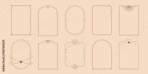 Boho arch frames. Minimal line geometric borders with mystic celestial simple shapes, magic nordic esoteric frames for badge logo design. Vector contemporary set