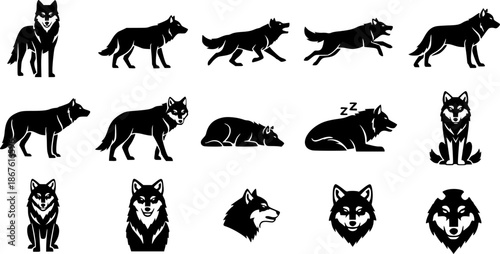 Collection of diverse black wolf illustrations showcasing various poses and expressions