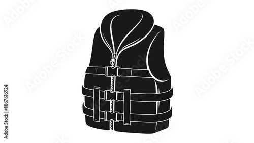 Silhouette of black life jacket with white outline, flat design isolated on white background