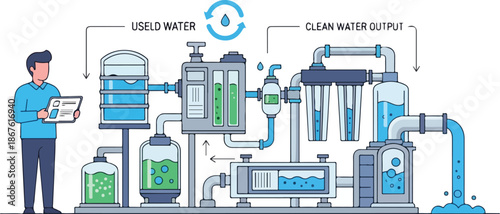 Water Purification System Diagram with Man Monitoring.